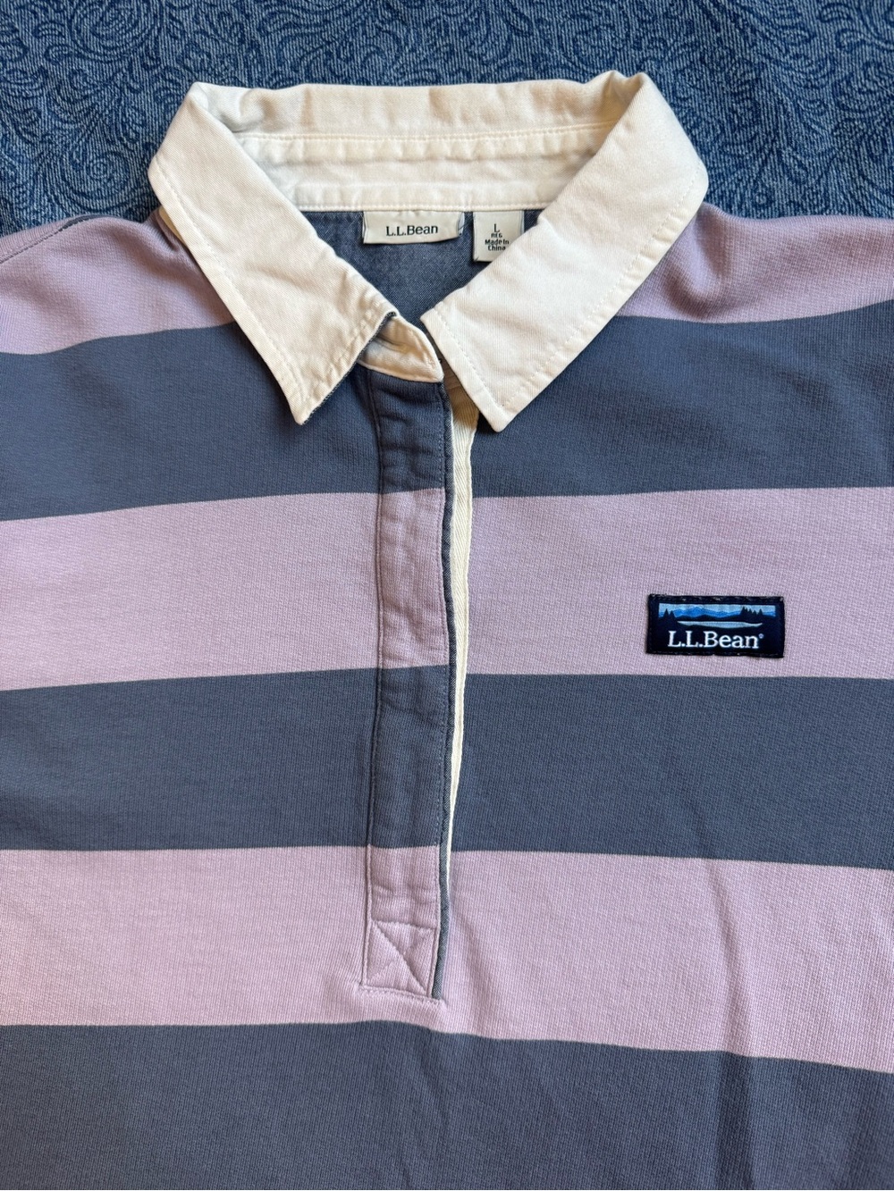 L.L. Bean Striped Rugby Polo Shirt Lavender Blue Katahdin Logo | Size L - Picture 5 of 9